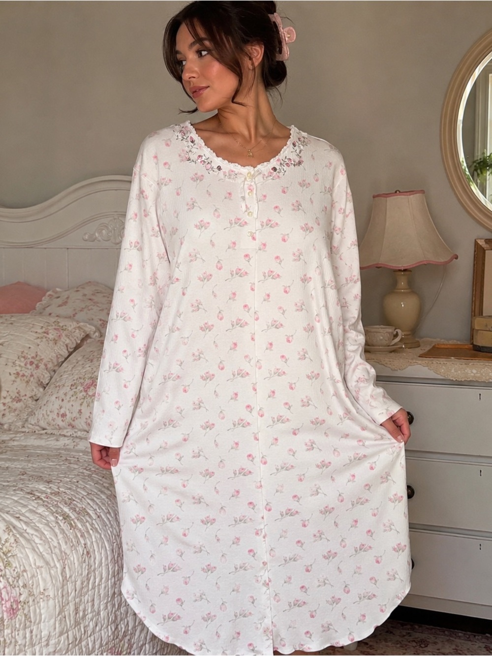 Aria Size Large White Pink Floral Nightgown Cottagecore Coquette Sleep Dress